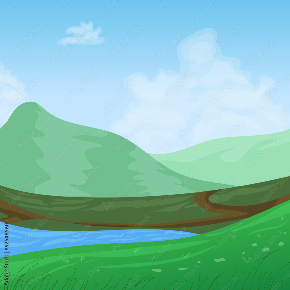 Naklejka premium Vector illustration of a beautiful field landscape, a warm summer day, green hills, bright blue sky, a river. flat cartoon style.