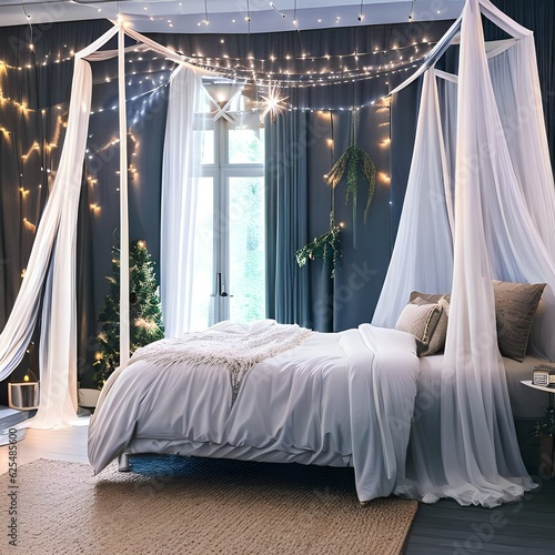 A cozy bedroom with a canopy bed, soft fairy lights, and sheer curtains for a dreamy ambiance1, Generative AI photo