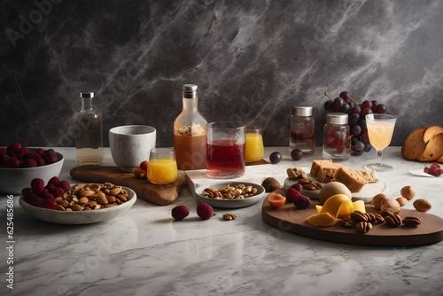 Food and drink on a marble surface, Generative AI