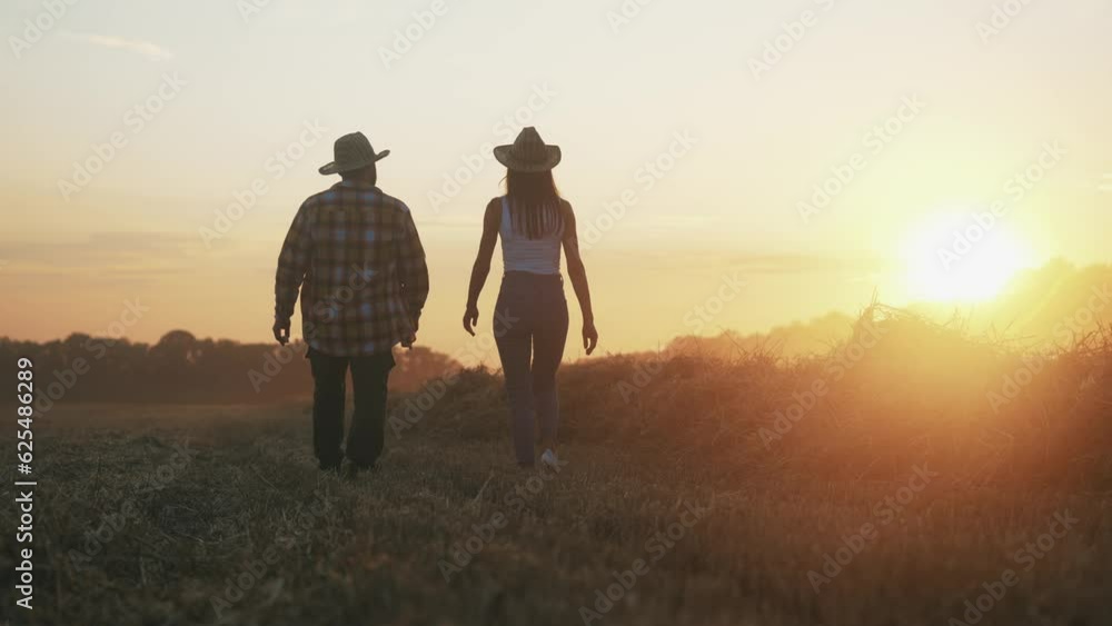 Silhouette two farmers: man and woman walking along plowed field on red sunset. Friends relax in evening walk on outdoor nature. People talking and gesture. Rural scene. Agronomy and agricultural. Silhouette two farmers: man and woman walking along plowed field on red sunset. Friends relax in evening walk on outdoor nature. People talking and gesture. Rural scene. Agronomy and agricultural.