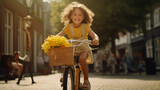 Child riding a bike in street, happy, smiling, curly hair, with blurred background