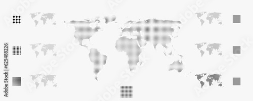 Set of flat earth world maps with round dots in different resolution. Round pixel pattern. Modern digital globe. Black dots on white background. Worldmap template for website, infographics, design.