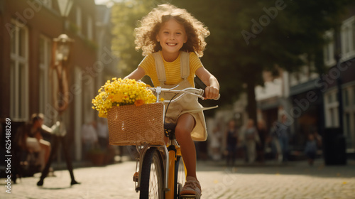 Child riding a bike in street, happy, smiling, curly hair, with blurred background photo