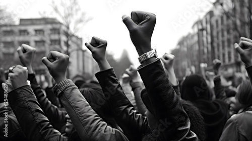Fotografia Crowd of people holding raised fists in the air symbolising resistance and fight