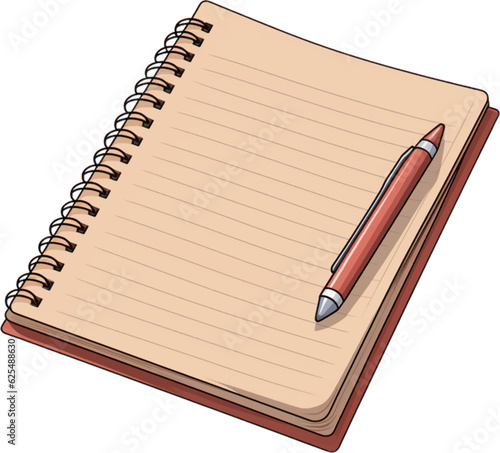 an empty notebook with a pen on top of it, in the style of colored cartoon style, light maroon and light brown, high resolution, drawing machines, spiral group on white background