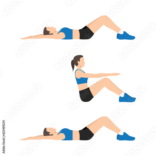 Woman lie down on her back and curl upper body to the top for touch her knees and repeat. Flat vector illustration isolated on white background