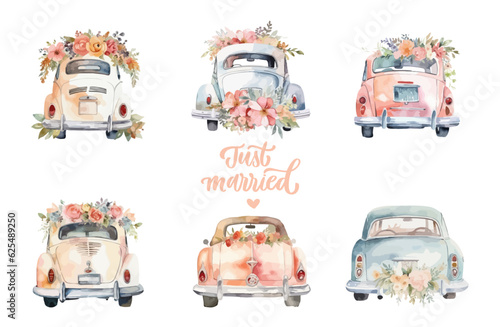 Set of hand drawn watercolor wedding car isolated on background.