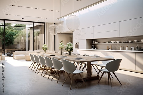 A contemporary dining hall with a kitchen, designed in hues of white and grey.