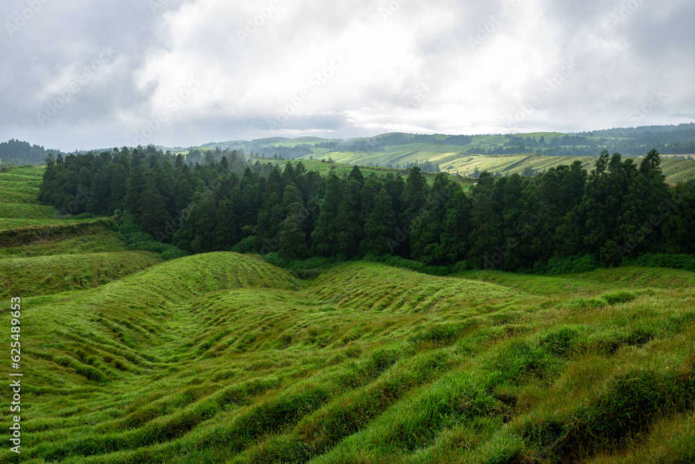Traditional landscape in the Azores, lush green vegetation around. Aerial View. Sao Miguel, Azores, Portugal. Traditional landscape in the Azores, lush green vegetation around. Aerial View. Sao Miguel, Azores, Portugal.