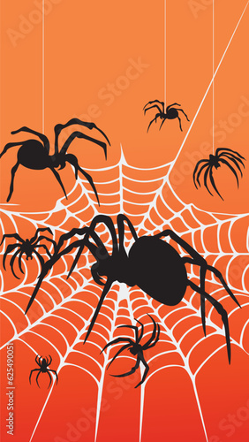 Spiders on the net vector orange background.