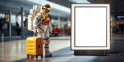 Astronaut with yellow travel suitcase near blank advertising billboard at airport, display blank screen or signboard mockup for offers or advertisement, copy space, generated ai