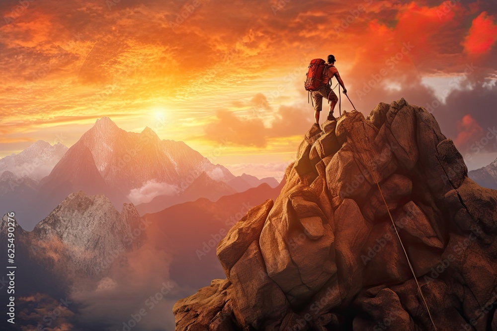 Fototapeta premium Rocky Mountain Peak: Conquering New Heights with an Adventurous Hiker, generative AI