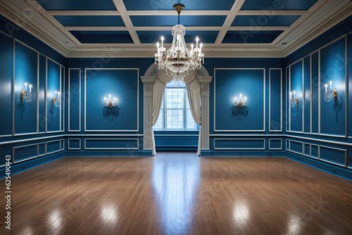 Foto Recently renovated room in a house featuring polished wooden floors, decorative trimmings, a coat of blue paint, and an array of ceiling lights
