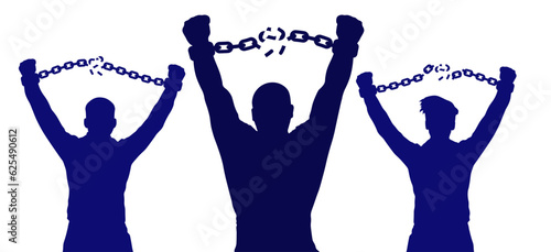Group of men breaking chains in handcuffs,  male hands and broken handcuffs, silhouette. Freedom. Vector illustration photo
