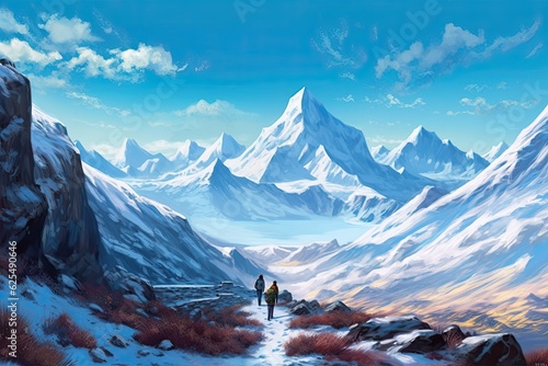 Thrilling Adventure: Exploring a Snow-Capped Mountain Range on a Rocky Trail, generative AI