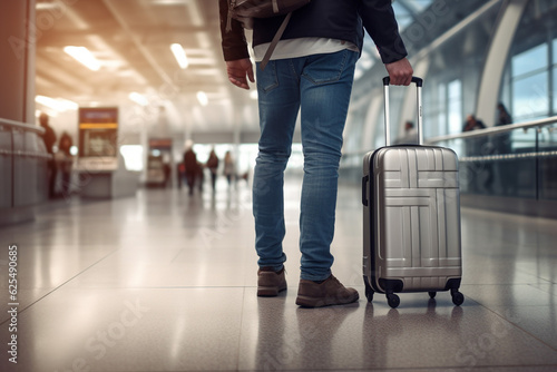 Rear view of Unrecognizable Man With suitcase standing In Airport. Travel image concept with copyspace.