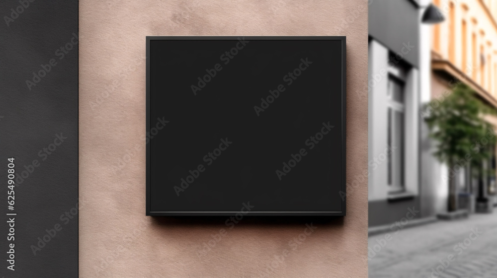 Empty black square signboard mockup in outside for logo design, brand presentation for companies, ad, advertising, shops.