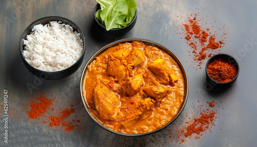 Chicken meat with tikka masala sauce, spicy curry food in a bowl with rice and seasonings, top view