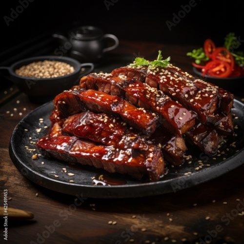 Char Siu, highlighting glossy slices of red-edged barbecued pork ribs garnished with sesame seeds on a rustic wooden table photo