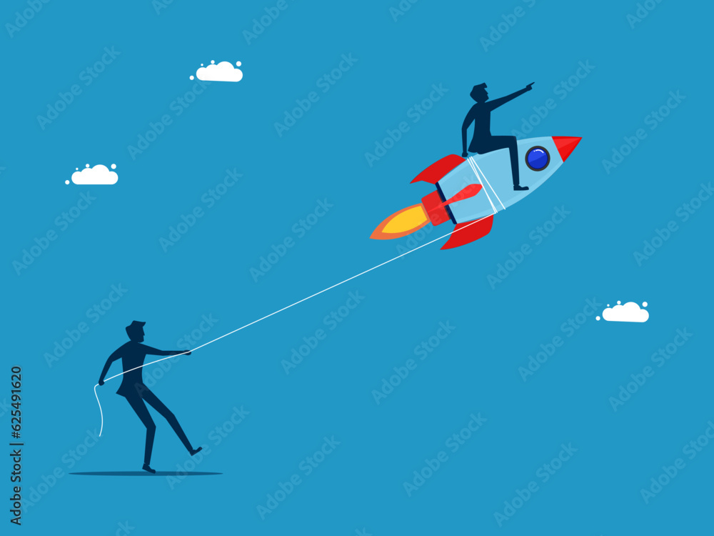 hinder the growth of competitors. Businessman using a rope to prevent the rocket from going vector
