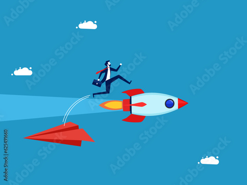 Change a new business that is better than before. Businessman jumping from paper plane to rocket vector
