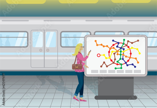 Traveling communte, tourism, finding the way on map. Woman at train, subway station, holding her mobile phone. Vector illustration.
