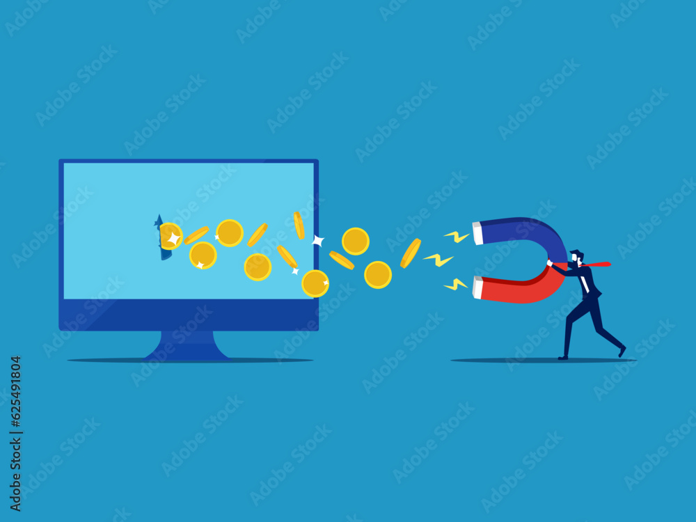 Businessman holding magnet to attract money from computer. online money concept vector