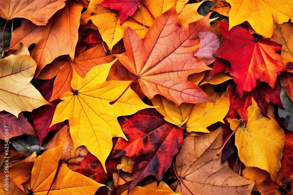 Colorful Fall Leaves Blanketing the Ground: Seasonal Tranquility in Autumn Background, generative AI