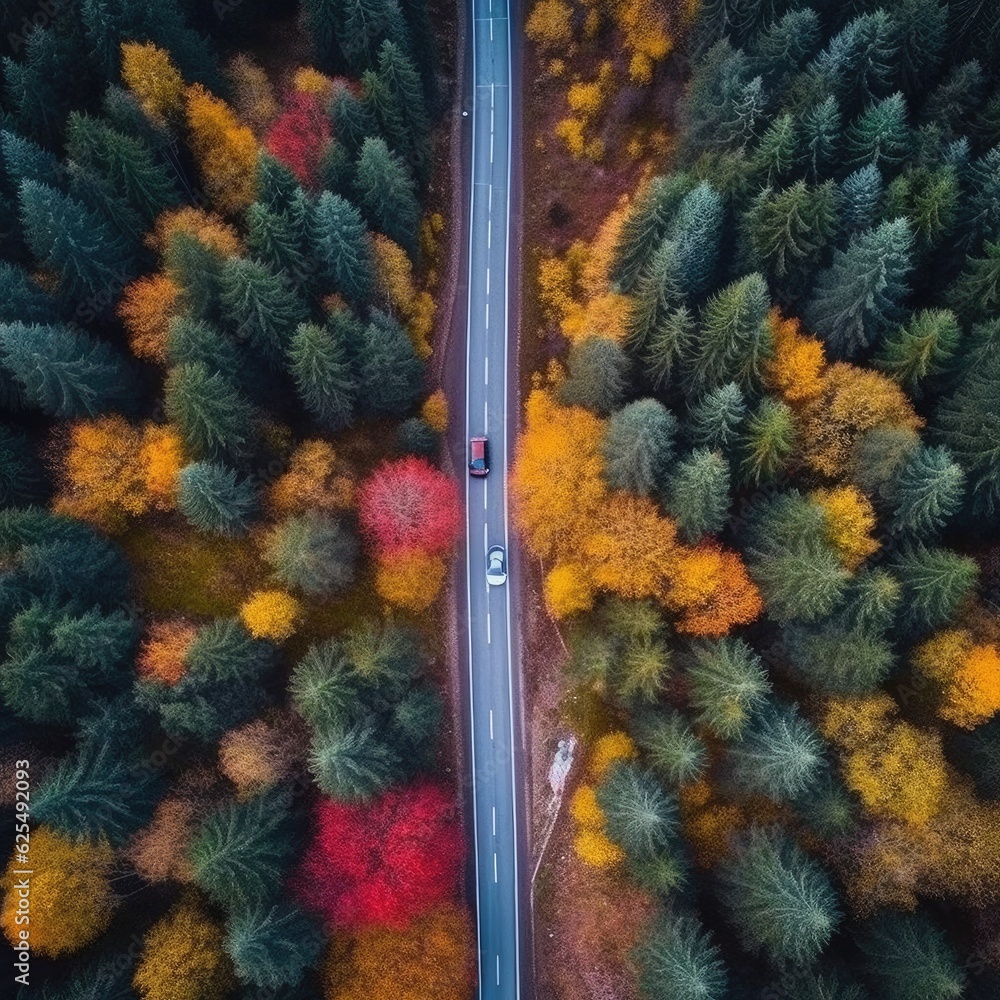 Aerial top drone view over autumn colorful forest with straight road and car. Generative Ai.