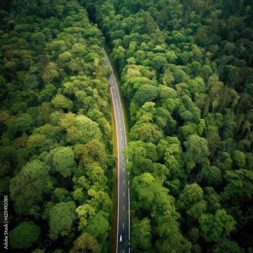 Aerial top drone view over green healthy forest with straight road. Generative Ai. © annamaria