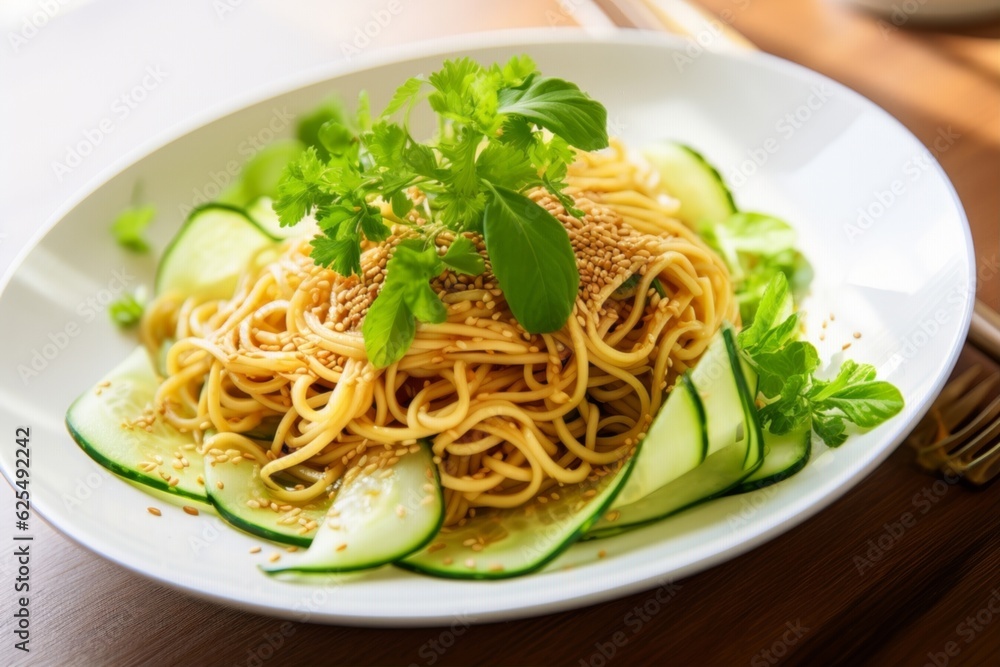 Cold Sesame Noodles garnished with sliced cucumbers, sesame seeds, and cilantro on a white ceramic dish Cold Sesame Noodles garnished with sliced cucumbers, sesame seeds, and cilantro on a white ceramic dish