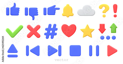 3D symbols and signs. Like, star, exclamation mark, heart, media player buttons, check and cross marks. Colorful 3D vector icons for web pages, mobile applications, social media. Isolated on white.