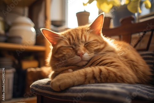 A ginger colored cat is peacefully resting on a chair located in the kitchen.