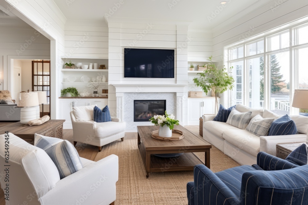 This stunning living room in a newly built luxurious home has a charming farmhouse aesthetic. It boasts gorgeous hardwood flooring, elegant white shiplap walls, a cozy fireplace, and a built in This stunning living room in a newly built luxurious home has a charming farmhouse aesthetic. It boasts gorgeous hardwood flooring, elegant white shiplap walls, a cozy fireplace, and a built in
