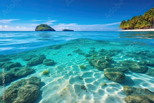 Tropical Lagoon  Crystal Clear Waters of a Blue Background  Serene and Inviting Paradise Escape  generative AI