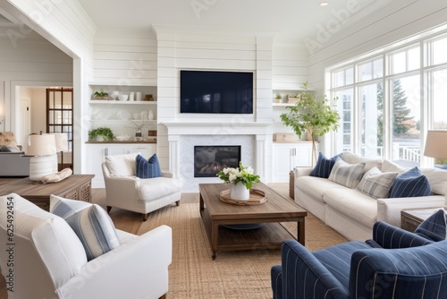 This stunning living room in a newly built luxurious home has a charming farmhouse aesthetic. It boasts gorgeous hardwood flooring  elegant white shiplap walls  a cozy fireplace  and a built in