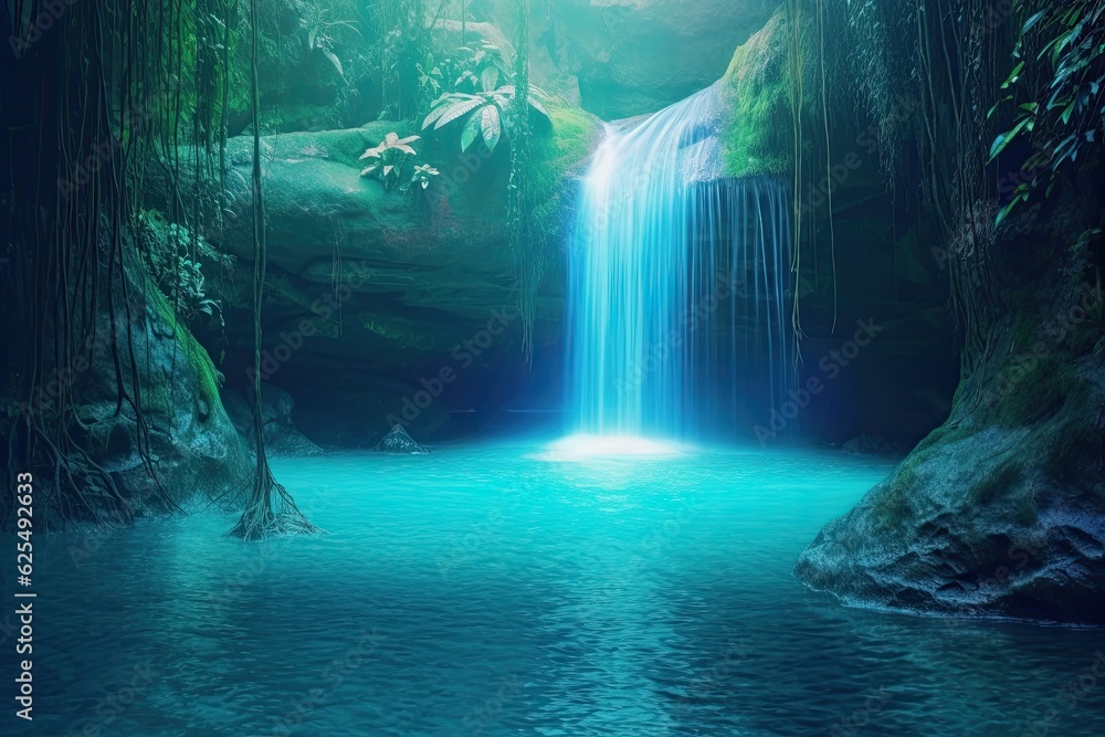 Majestic Waterfall Cascading into Turquoise Pool: A Breathtaking Natural Wonder with a Blue Background, generative AI