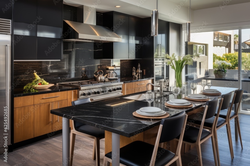 A contemporary kitchen design featuring black granite countertops and sleek stainless steel appliances, located in a Californian single family residence.