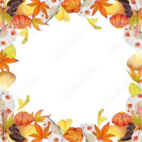 Fototapeta Naklejka Na Ścianę i Meble -  Watercolor hand drawn traditional Japanese sweets. Square frame of autumn wagashi with leaves. Isolated on white background. Design for invitations, restaurant menu, greeting cards, print, textile