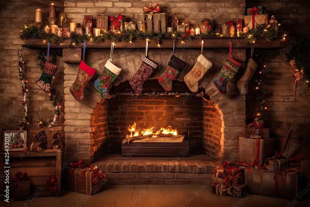 Stockings and Warm Holiday Cheer: A Festive Fireplace Christmas Background, generative AI