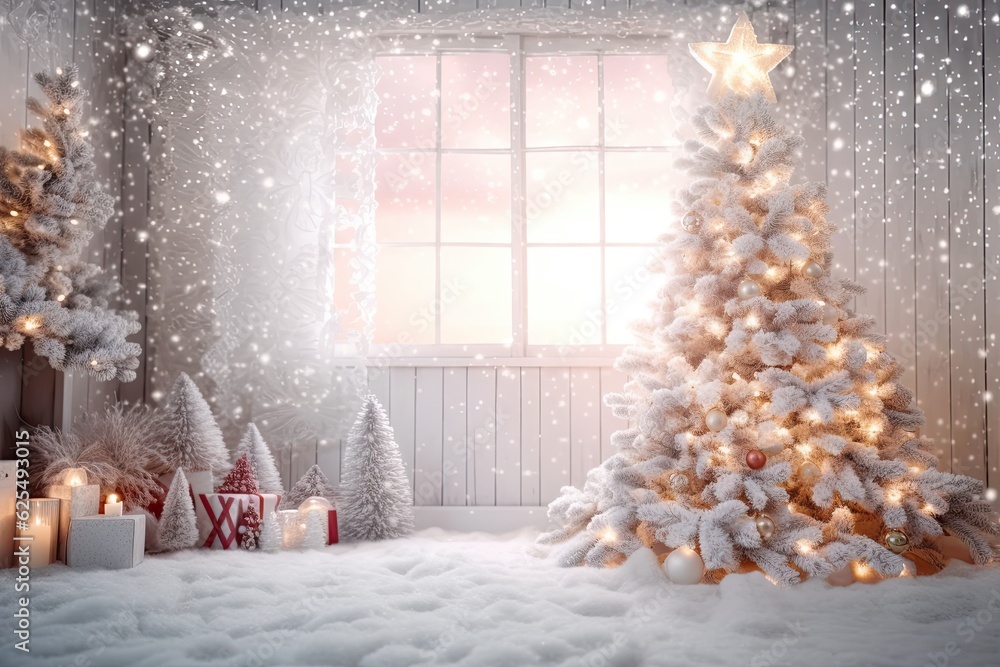 Festive Winter Wonderland: Decorated Christmas Tree, Snowflakes Falling, Warm and Cozy Christmas Background, generative AI