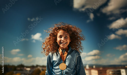 Cheerful little sports girl celebrating the win wearing a gold medal. Proud child athlete champion first place gold medal around her neck. Sports kid,success,win concept