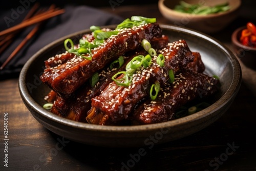 Wuxi Spare Ribs with garnished green onions and sesame seeds, alongside a pair of carved wooden chopsticks