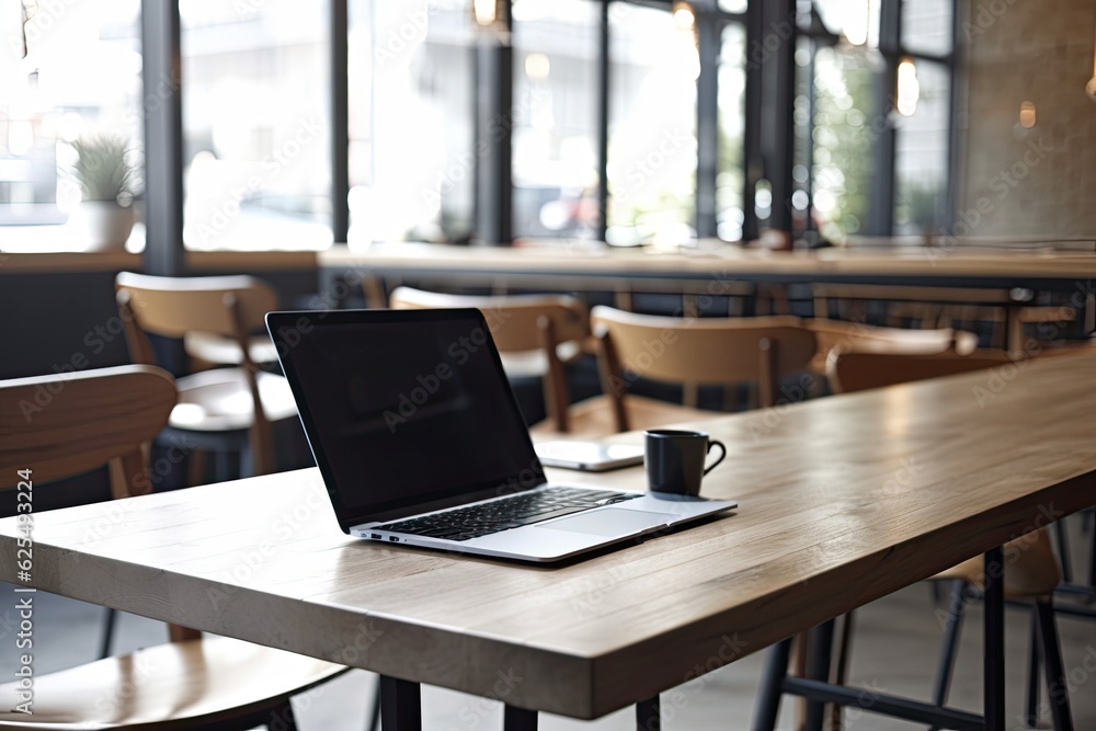 a mockup Laptop with blank screen on wood table in coworking or cafe. Generative AI a mockup Laptop with blank screen on wood table in coworking or cafe. Generative AI