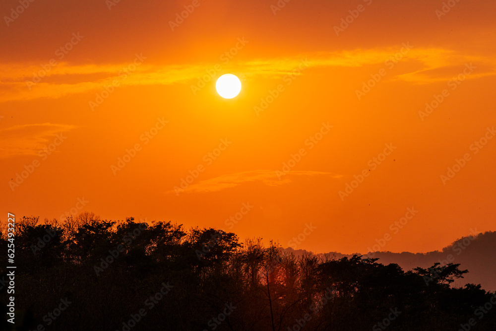 The view of the natural background of the mountain close-up, with blurred fog scattered in the rainy season or the humid climate, with beautiful green trees in the ecological system