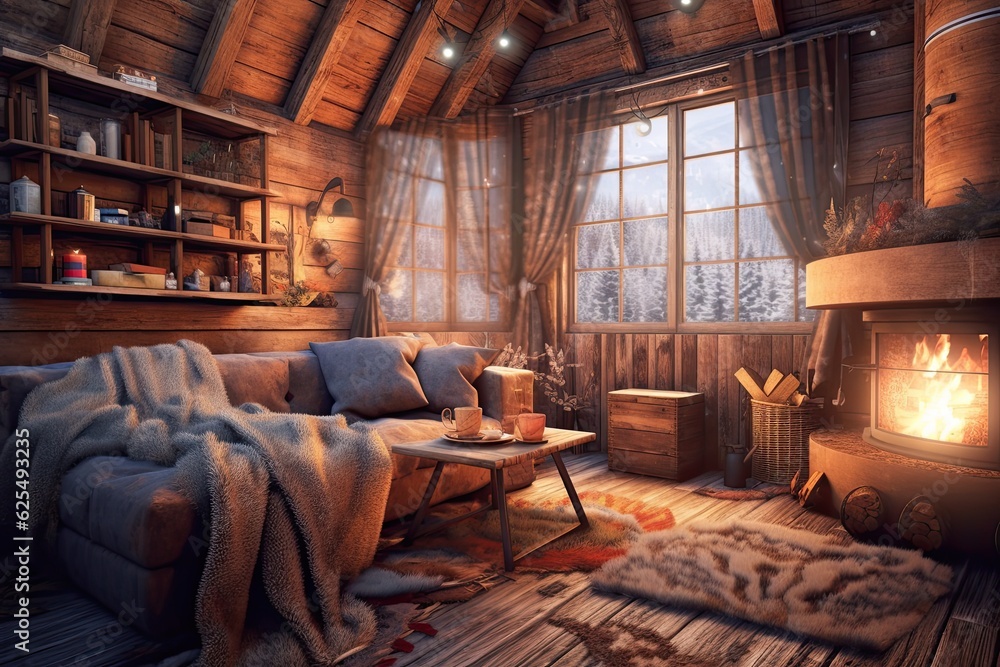 Cozy Mountain Retreat: Rustic Cabin Interior with Warm Wooden Accents and Fireplace, generative AI