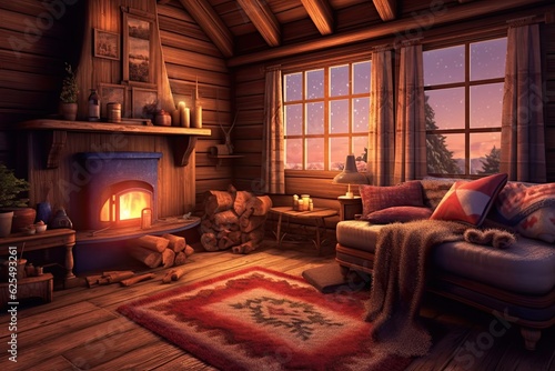 Cozy Retreat: Warm Cabin with Crackling Fireplace and Cozy Blankets for an Inviting Background, generative AI
