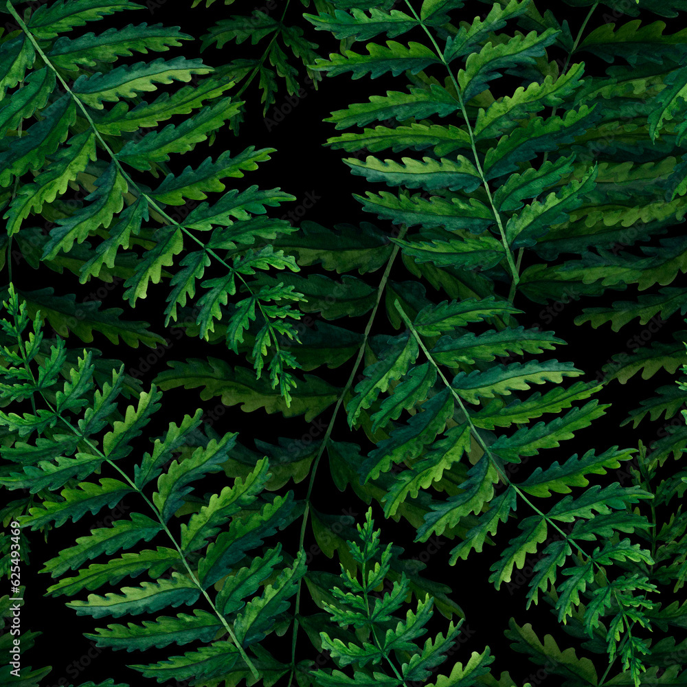 Fototapeta premium Seamless pattern fern watercolor hand painted illustration in green colors, greenery branch, twig, stem, forest plant isolated on black background for wall art. Clip art for design