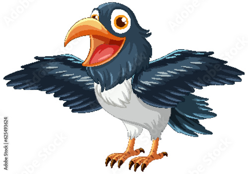 A happy raven spreads its wings in a vector cartoon illustration style, isolated on a white background