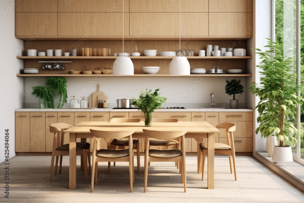 Realistic image of a Scandinavian style kitchen featuring wooden furnishings, green plants, and a minimalist design. Emphasizes eco friendly home decoration.